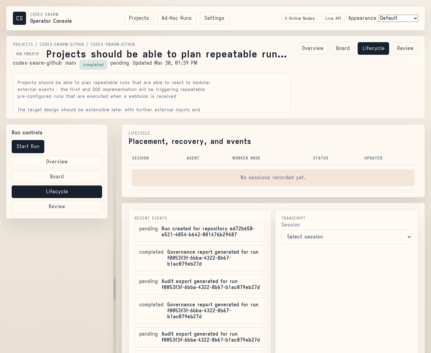 Codex Swarm Run Lifecycle screenshot